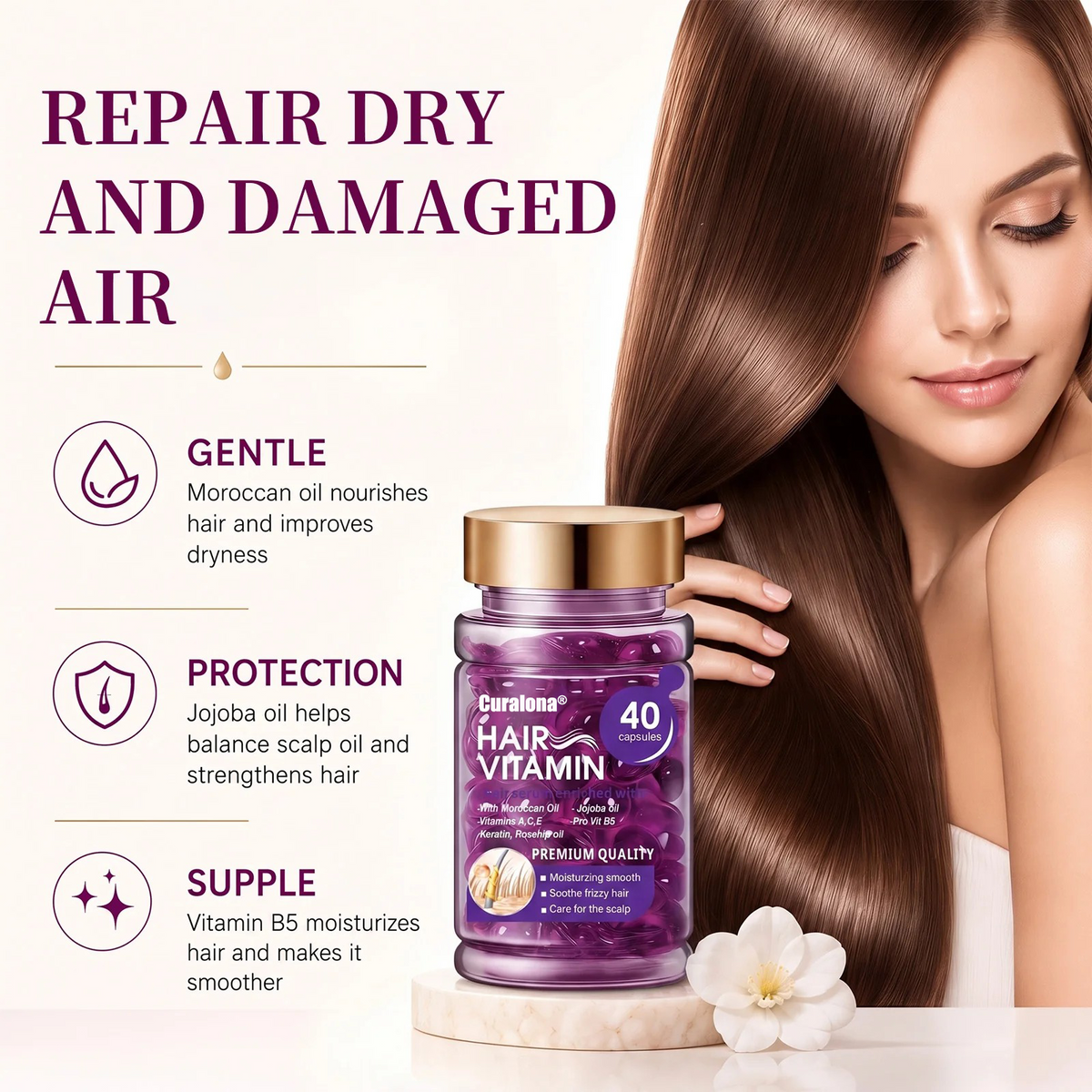 Hair Vitamin Capsules Infused with Violet Vitamins & Argan Oil for Color-Treated & Permed Hair Smooths Frizz Restores Silkiness & Shine 40 Capsules