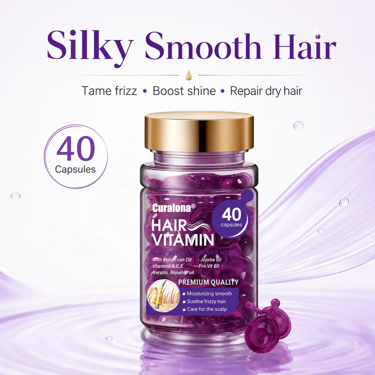 Hair Vitamin Capsules Infused with Violet Vitamins & Argan Oil for Color-Treated & Permed Hair Smooths Frizz Restores Silkiness & Shine 40 Capsules