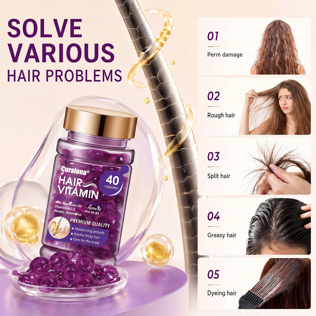 Hair Vitamin Capsules Infused with Violet Vitamins & Argan Oil for Color-Treated & Permed Hair Smooths Frizz Restores Silkiness & Shine 40 Capsules