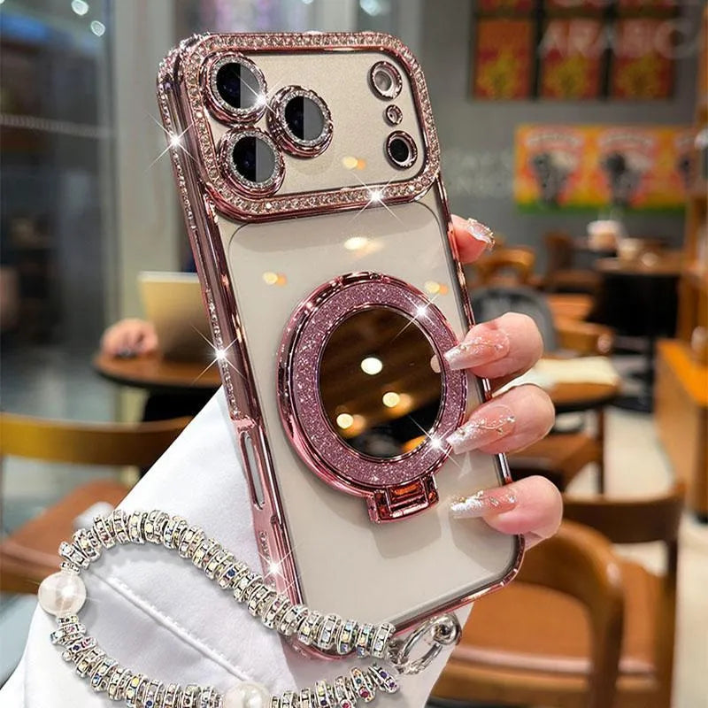 ✨💎Sparkling Diamond Women's Phone Case with Mirror & Stand for iPhone 12/13/14/15/16/17 Pro Max,17Air,14/15/16 Plus💖