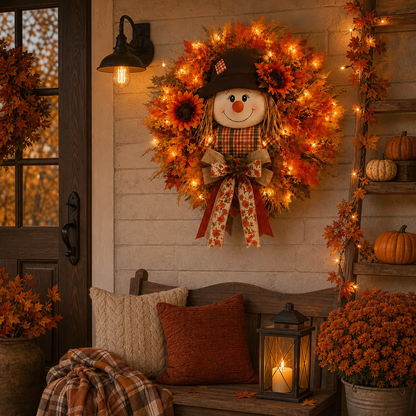 ✨Last Day 50% Off🍁 Fall Favorite – Lighted Scarecrow Front Door Wreath