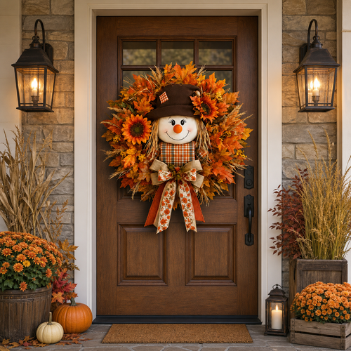 ✨Last Day 50% Off🍁 Fall Favorite – Lighted Scarecrow Front Door Wreath