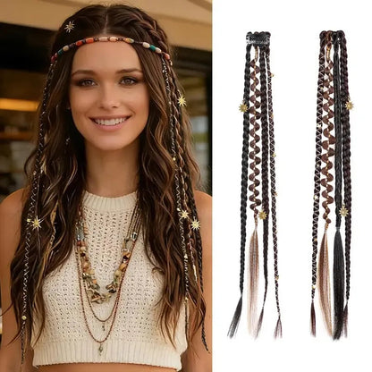 🌿 Boho Beaded Clip-In Braids – Effortless Style for Festivals & Everyday Looks