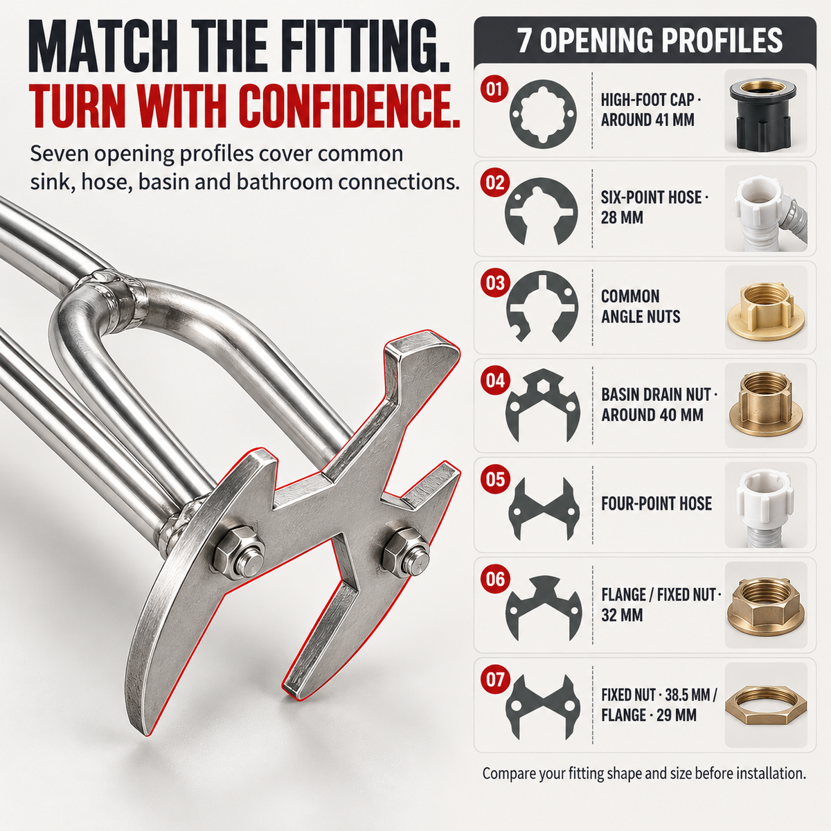 🔧 7-Opening Universal Sink & Bathroom Wrench – Stainless Steel Multi-Size Plumbing Tool for Tight Spaces