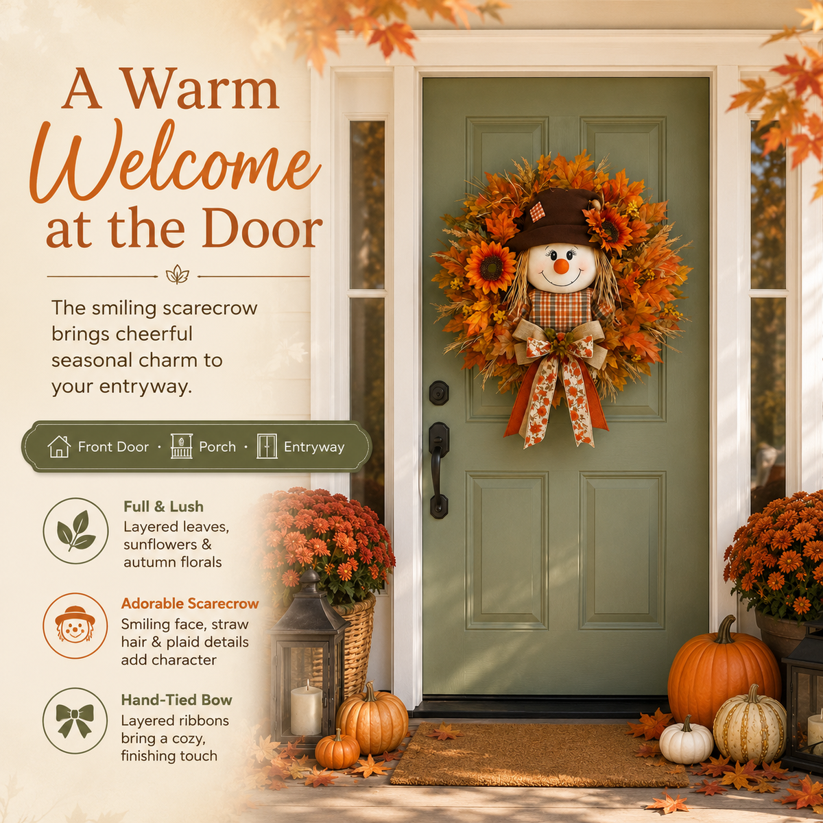 ✨Last Day 50% Off🍁 Fall Favorite – Lighted Scarecrow Front Door Wreath