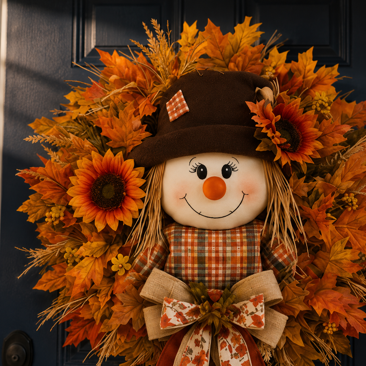 ✨Last Day 50% Off🍁 Fall Favorite – Lighted Scarecrow Front Door Wreath
