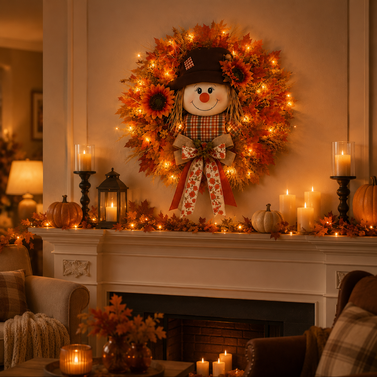 ✨Last Day 50% Off🍁 Fall Favorite – Lighted Scarecrow Front Door Wreath