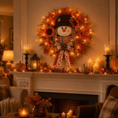 ✨Last Day 50% Off🍁 Fall Favorite – Lighted Scarecrow Front Door Wreath