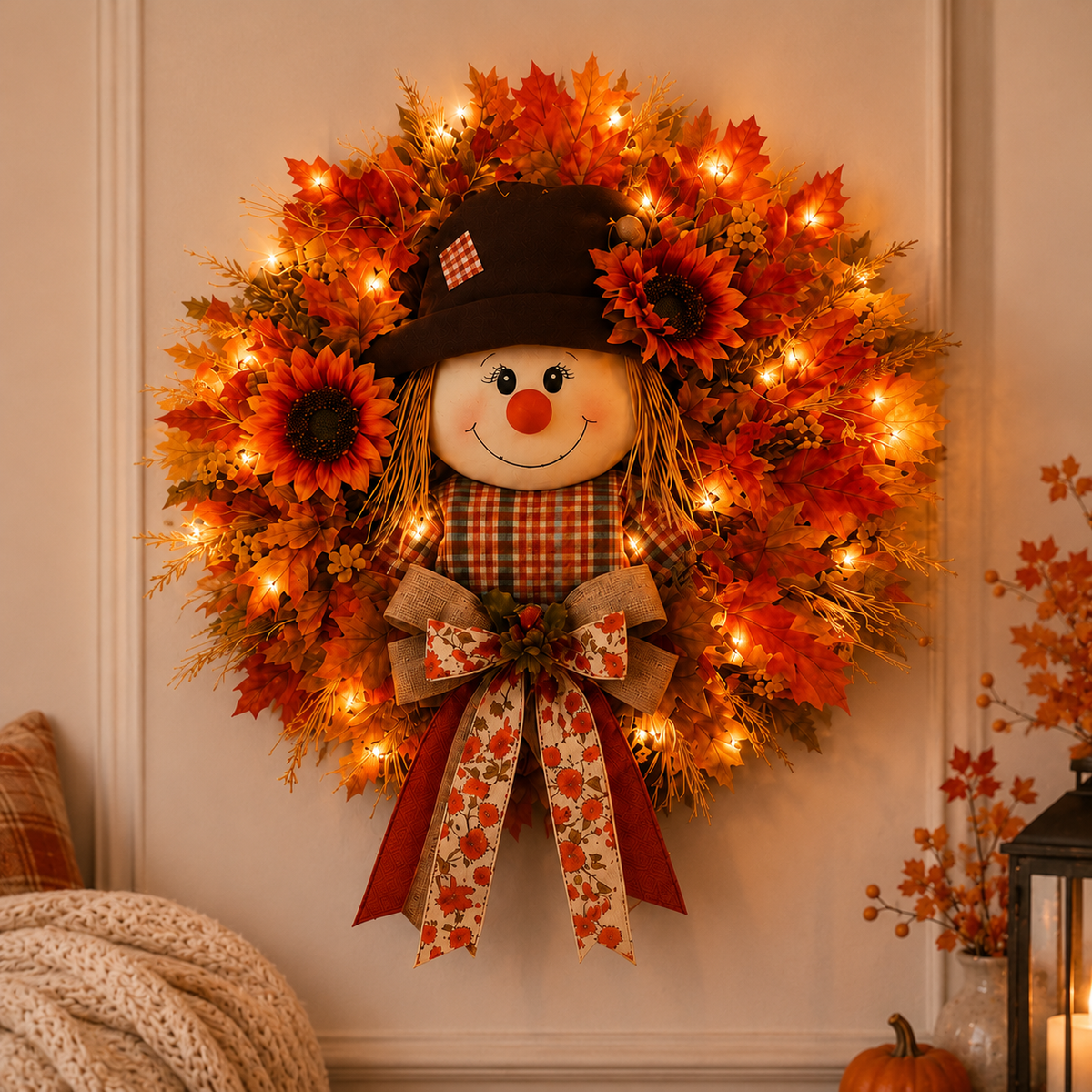 ✨Last Day 50% Off🍁 Fall Favorite – Lighted Scarecrow Front Door Wreath