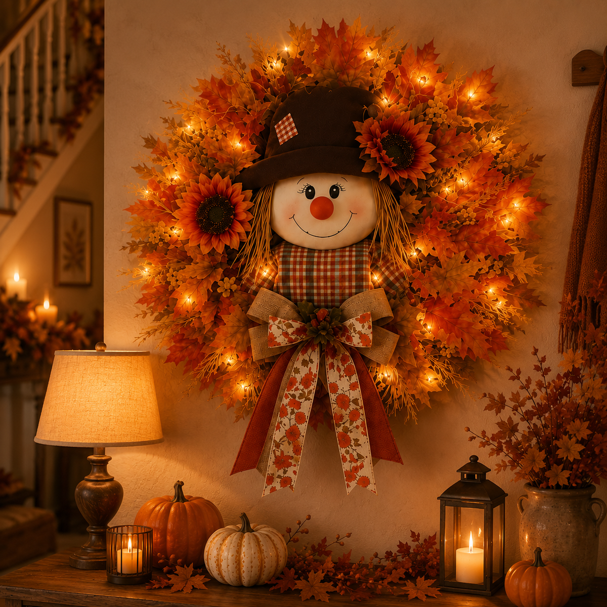 ✨Last Day 50% Off🍁 Fall Favorite – Lighted Scarecrow Front Door Wreath