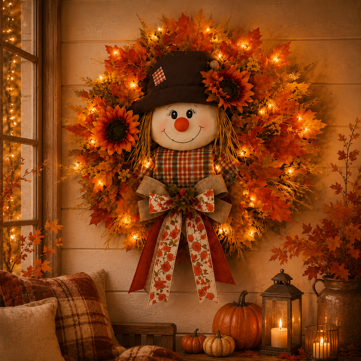 ✨Last Day 50% Off🍁 Fall Favorite – Lighted Scarecrow Front Door Wreath