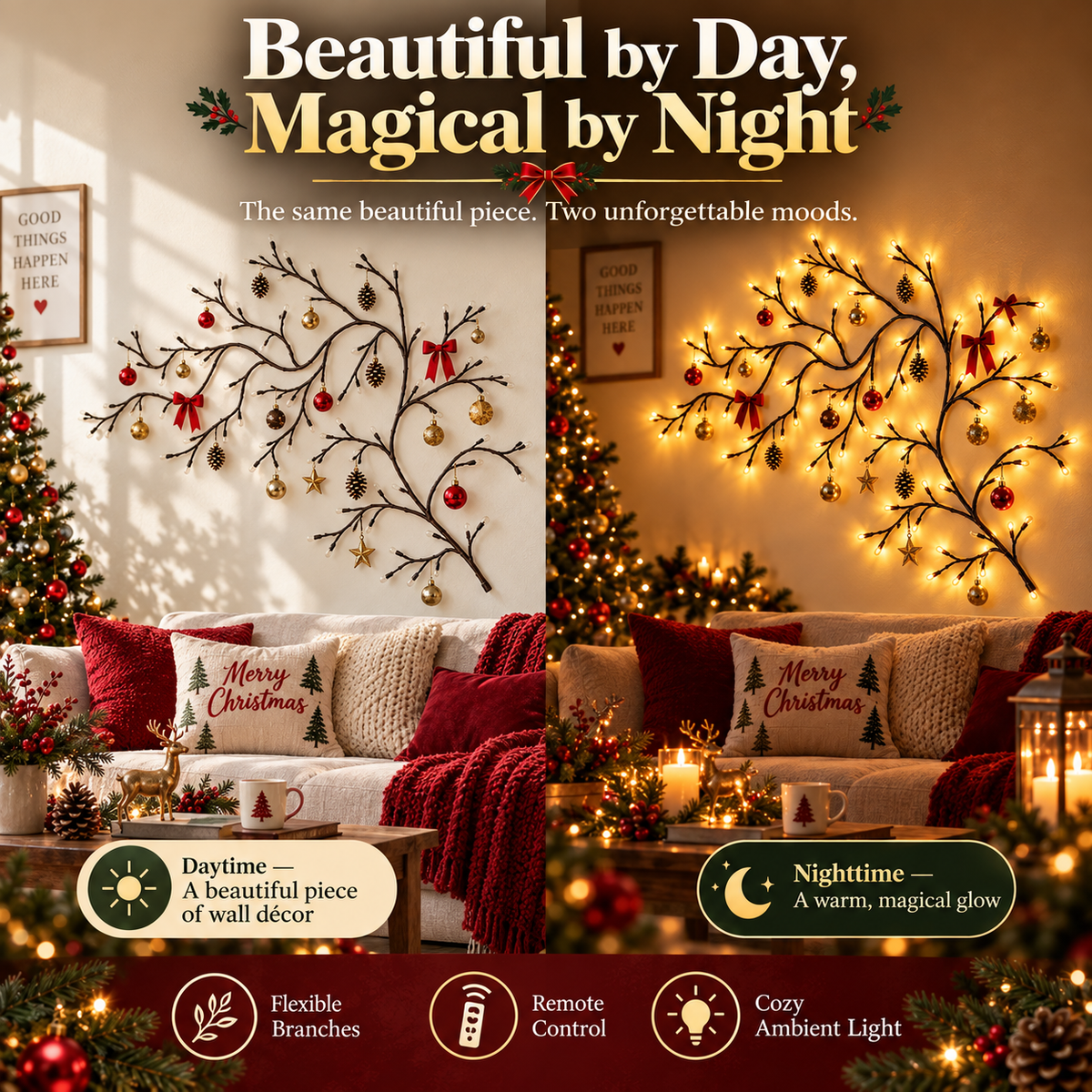 ✨ Flexible LED Branch Lights | Remote-Controlled Holiday Wall Decor🎁