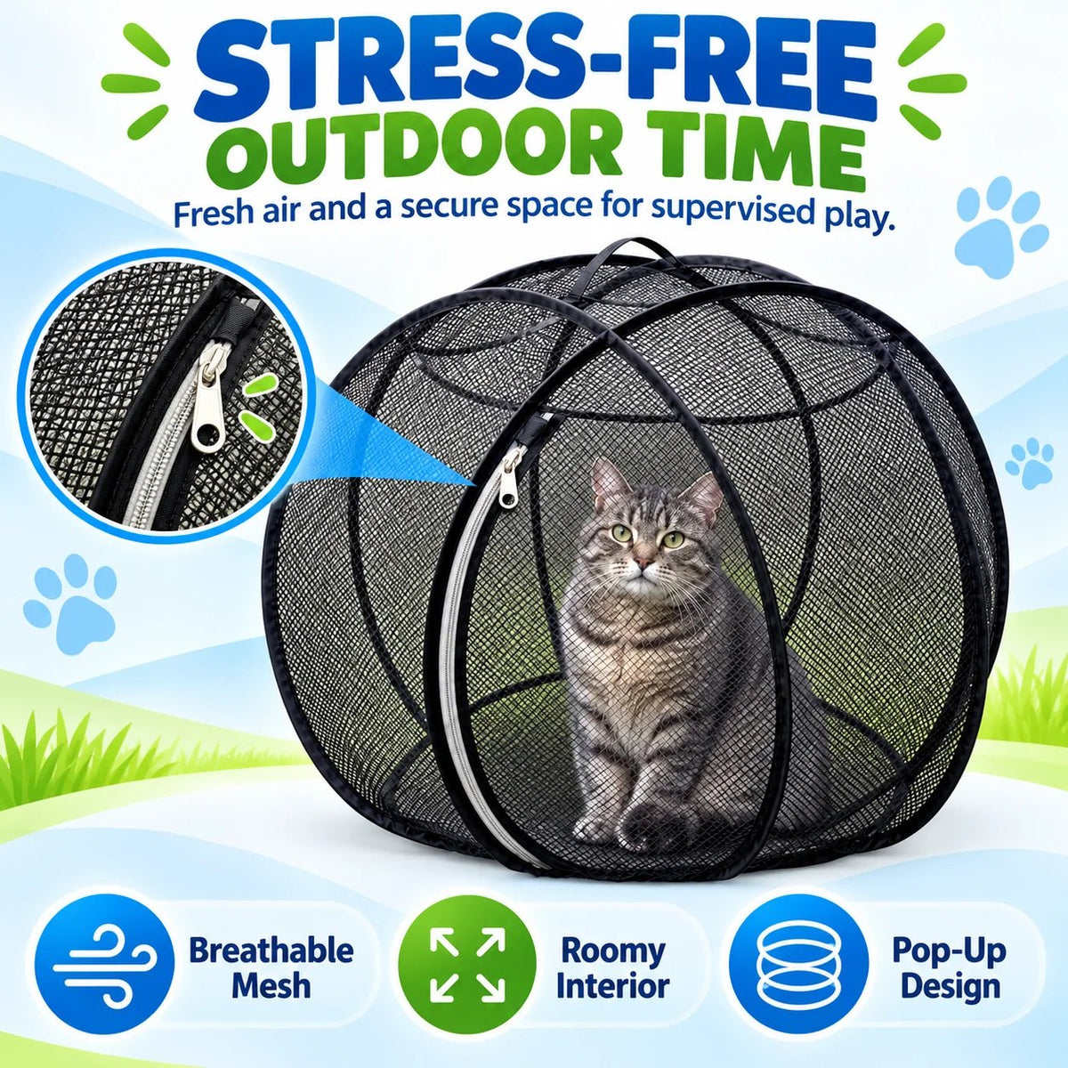 🐈 Pop-Up Mesh Cat Playpen – Roomy 32-Inch Indoor & Outdoor Enclosure