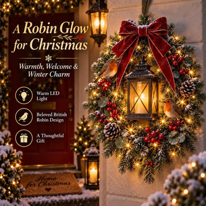 A Robin Glow – Lighted Robin Christmas Wreath