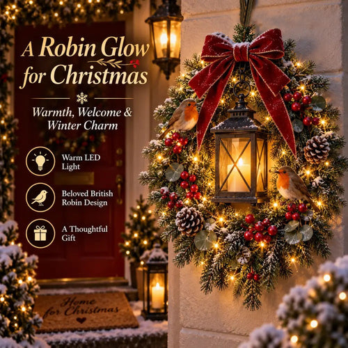 A Robin Glow – Lighted Robin Christmas Wreath