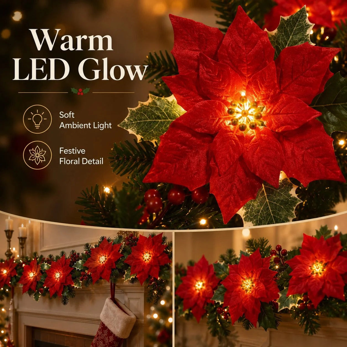 Christmas Poinsettia String Lights with Red Flowers and Berries
