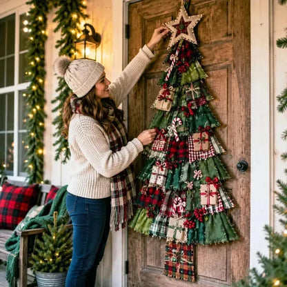 🎄 DIY patchwork Christmas tree door hanger | Rustic Christmas decoration